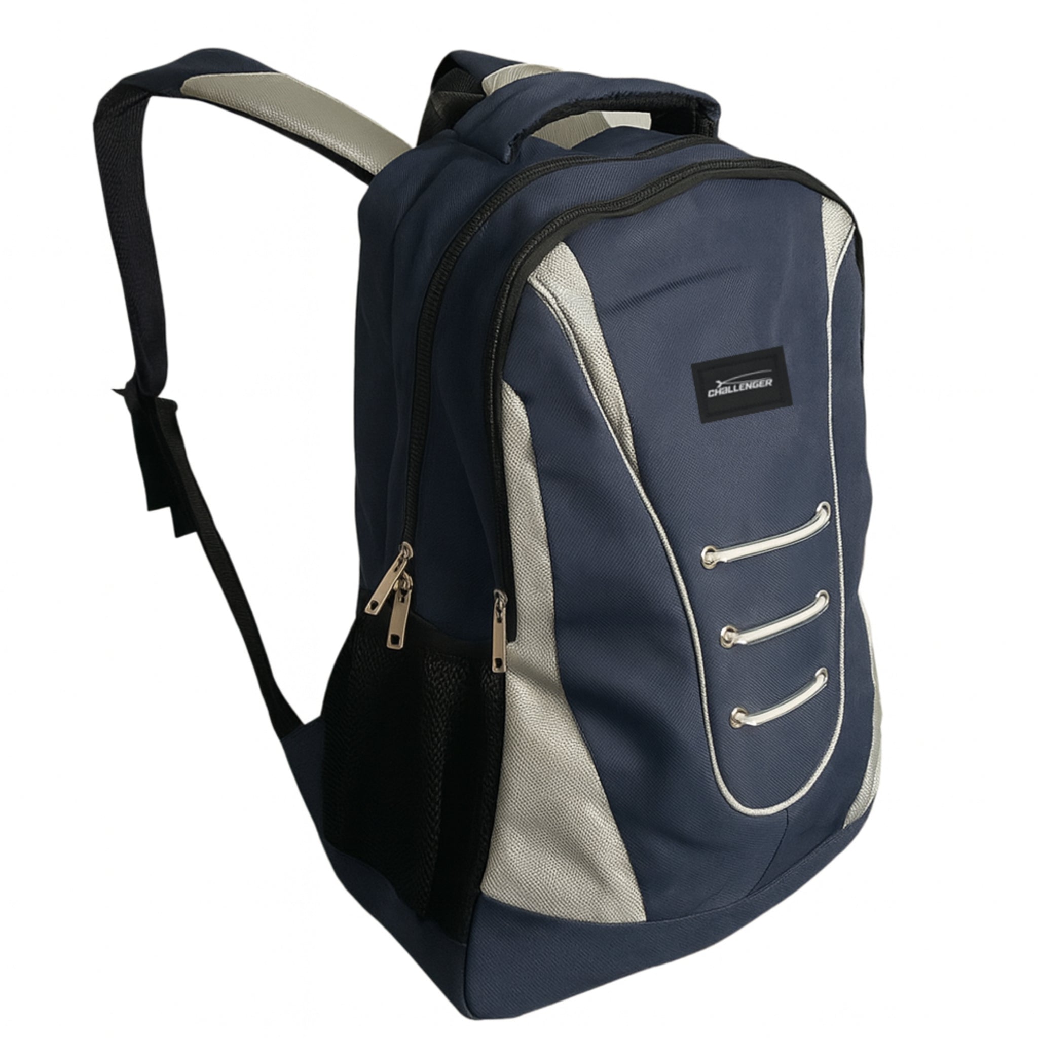 Navy and silver Everyday Challenger dual compartment backpack with padded shoulder straps, side mesh pockets, and durable water-resistant fabric – ideal for school, work, or travel.